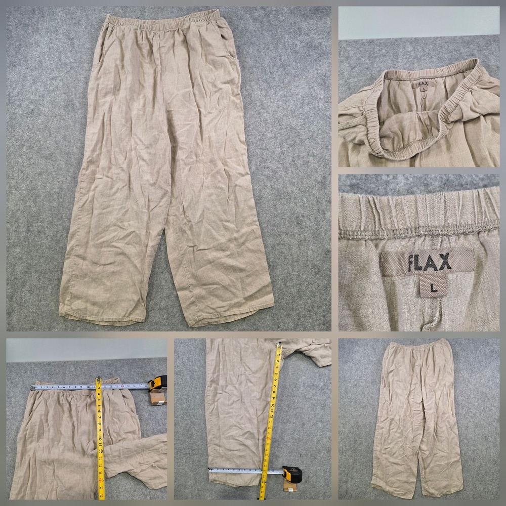 FLAX Pants Womens Large Beige Linen Wide Leg Pull On Travel Casual Summer